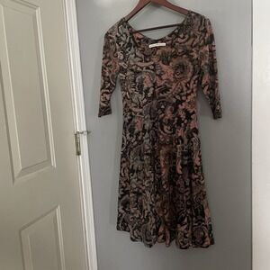 Peruvian Connection Midi Dress, Full Skirt, Multicolor, 3/4 Sleeve Size XS